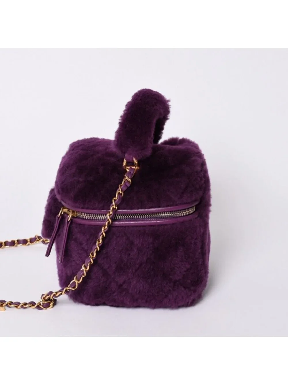 Chanel CC Logo Vanity 2-Way Shoulder Bag Shearling Purple Gold